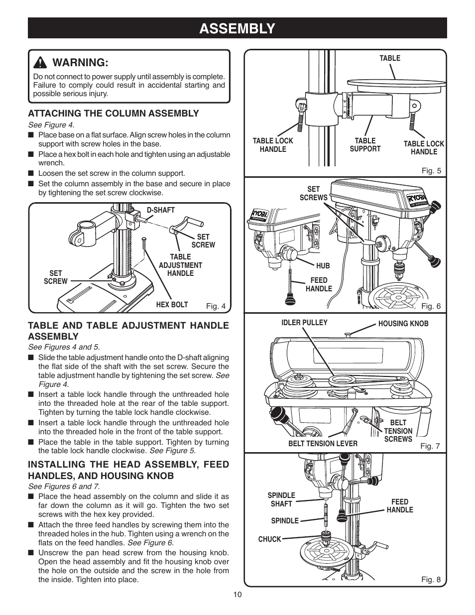 Assembly, Warning, Attaching the column assembly | Table and table adjustment handle assembly | Ryobi DP120 User Manual | Page 10 / 18