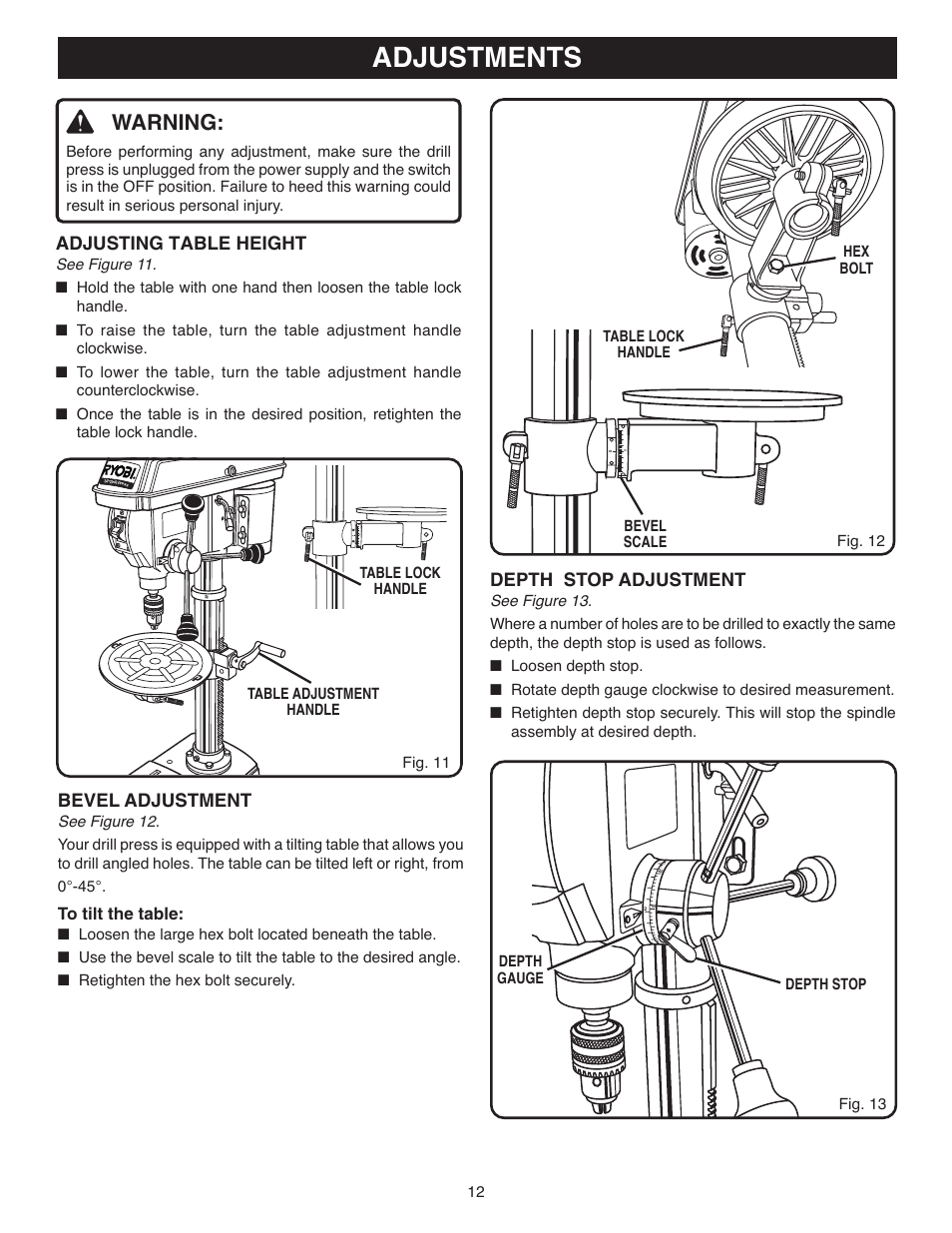 Adjustments, Warning, Adjusting table height | Bevel adjustment, Depth stop adjustment | Ryobi DP120 User Manual | Page 12 / 18