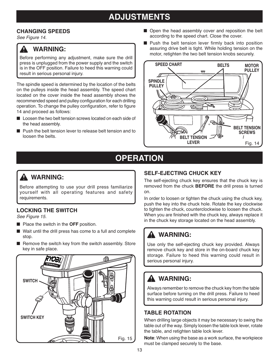 Adjustments, Operation, Warning | Ryobi DP120 User Manual | Page 13 / 18