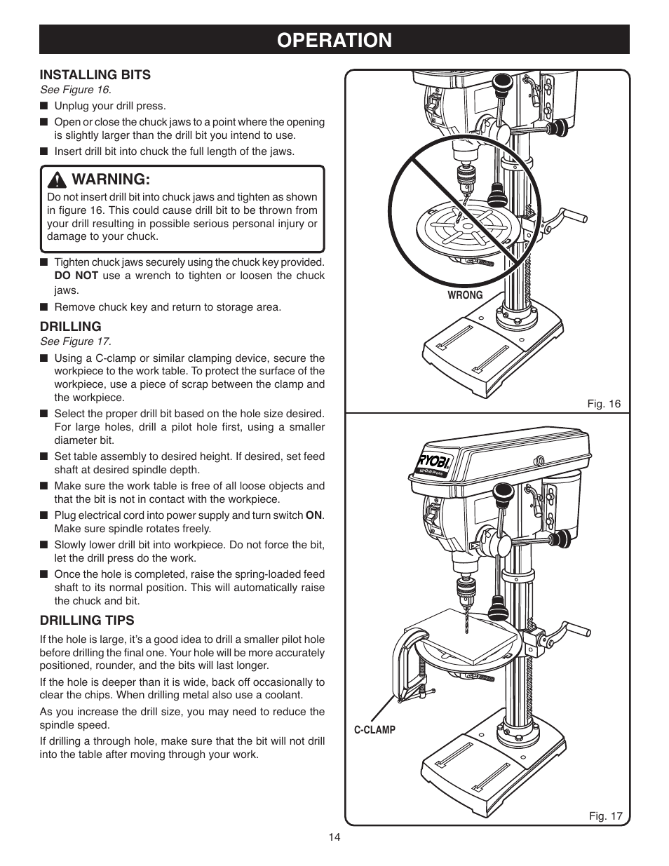 Operation, Warning | Ryobi DP120 User Manual | Page 14 / 18