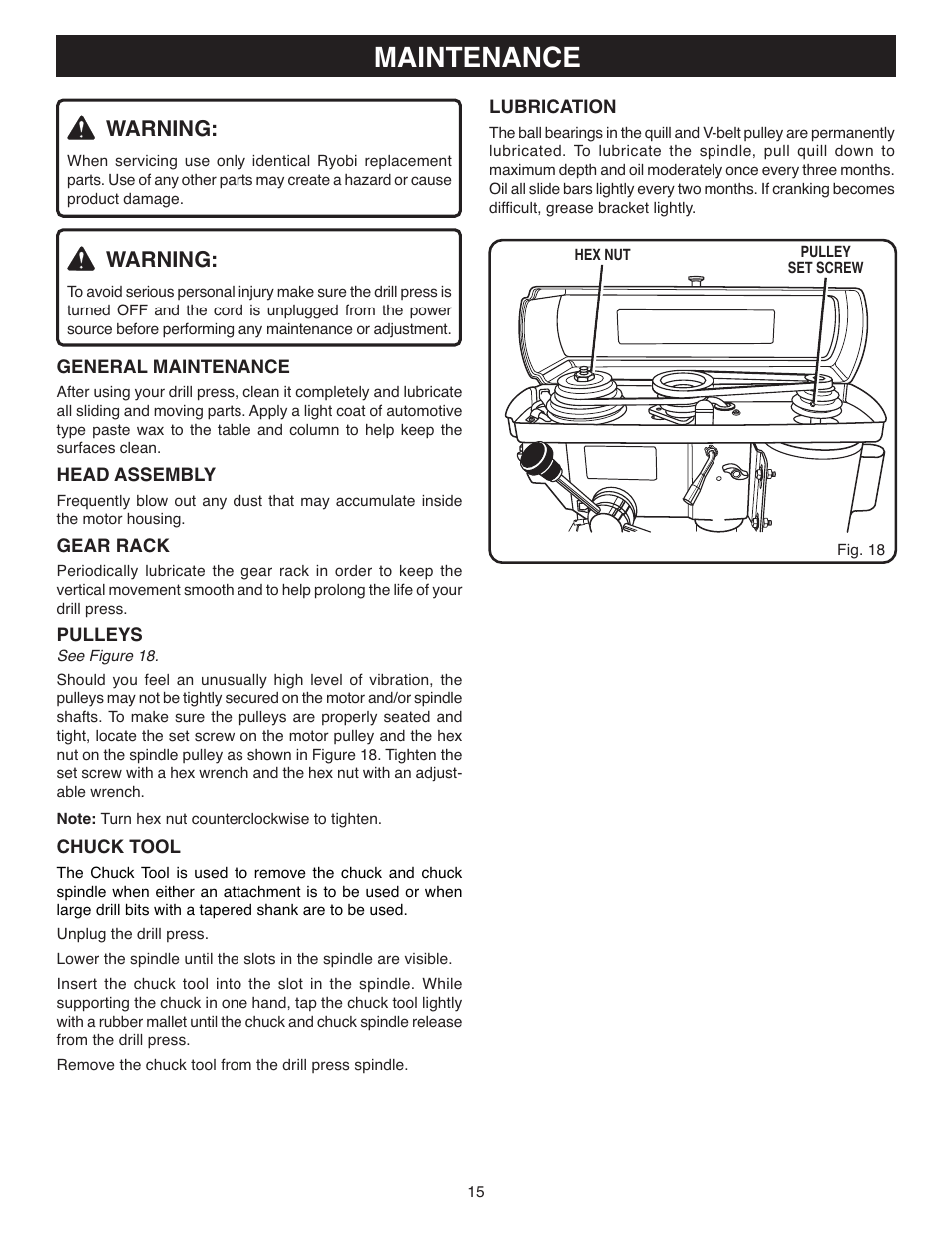 Maintenance, Warning | Ryobi DP120 User Manual | Page 15 / 18