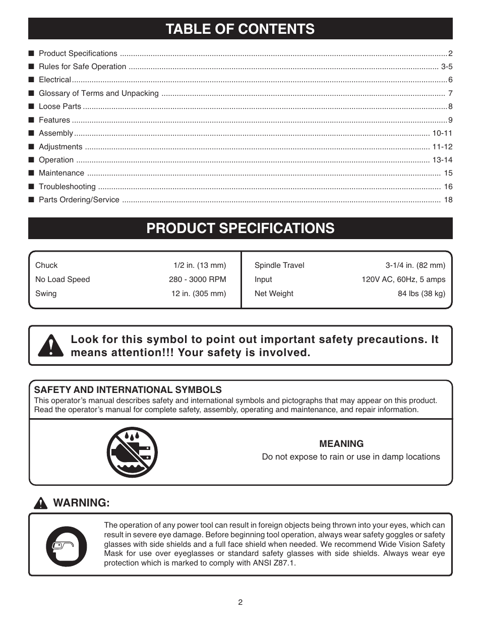 Table of contents product specifications | Ryobi DP120 User Manual | Page 2 / 18