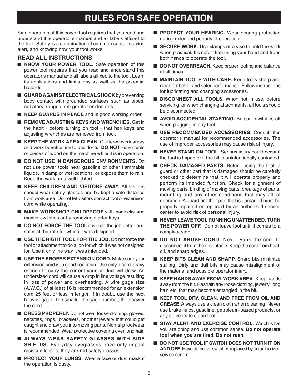 Rules for safe operation | Ryobi DP120 User Manual | Page 3 / 18