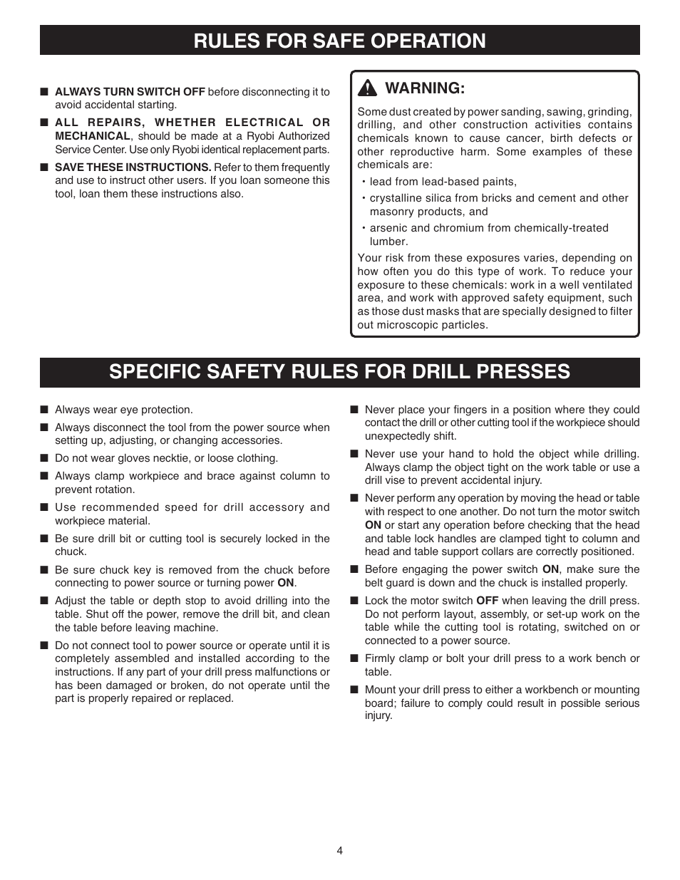 Rules for safe operation, Specific safety rules for drill presses, Warning | Ryobi DP120 User Manual | Page 4 / 18