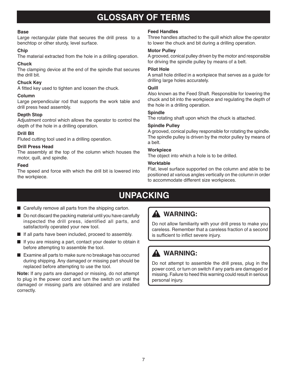 Glossary of terms, Unpacking, Warning | Ryobi DP120 User Manual | Page 7 / 18