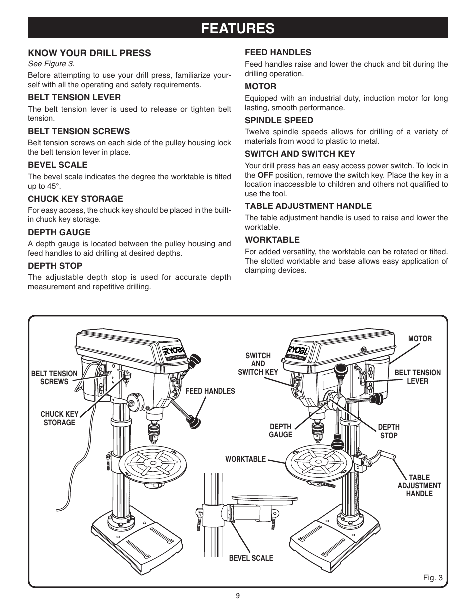 Features, Know your drill press | Ryobi DP120 User Manual | Page 9 / 18