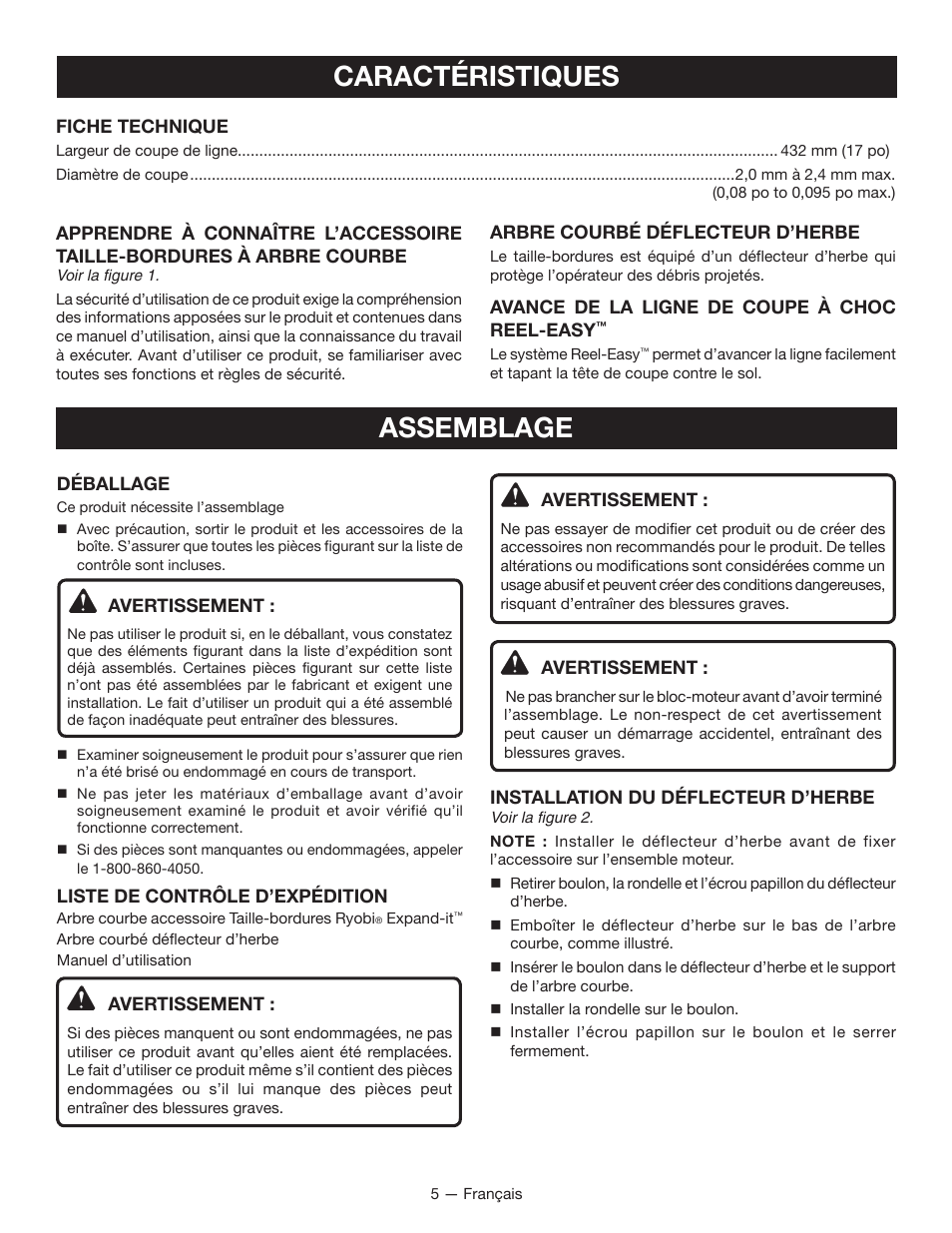 Caractéristiques, Assemblage | Ryobi EXPAND-IT RY15524 User Manual | Page 15 / 30