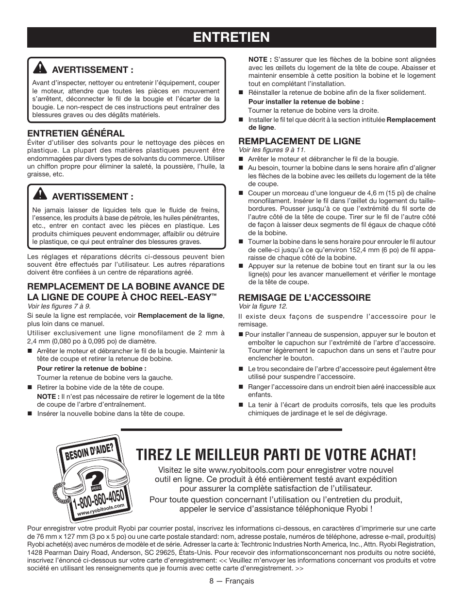 Tirez le meilleur parti de votre achat, Entretien, Besoin d’aid e | Ryobi EXPAND-IT RY15524 User Manual | Page 18 / 30