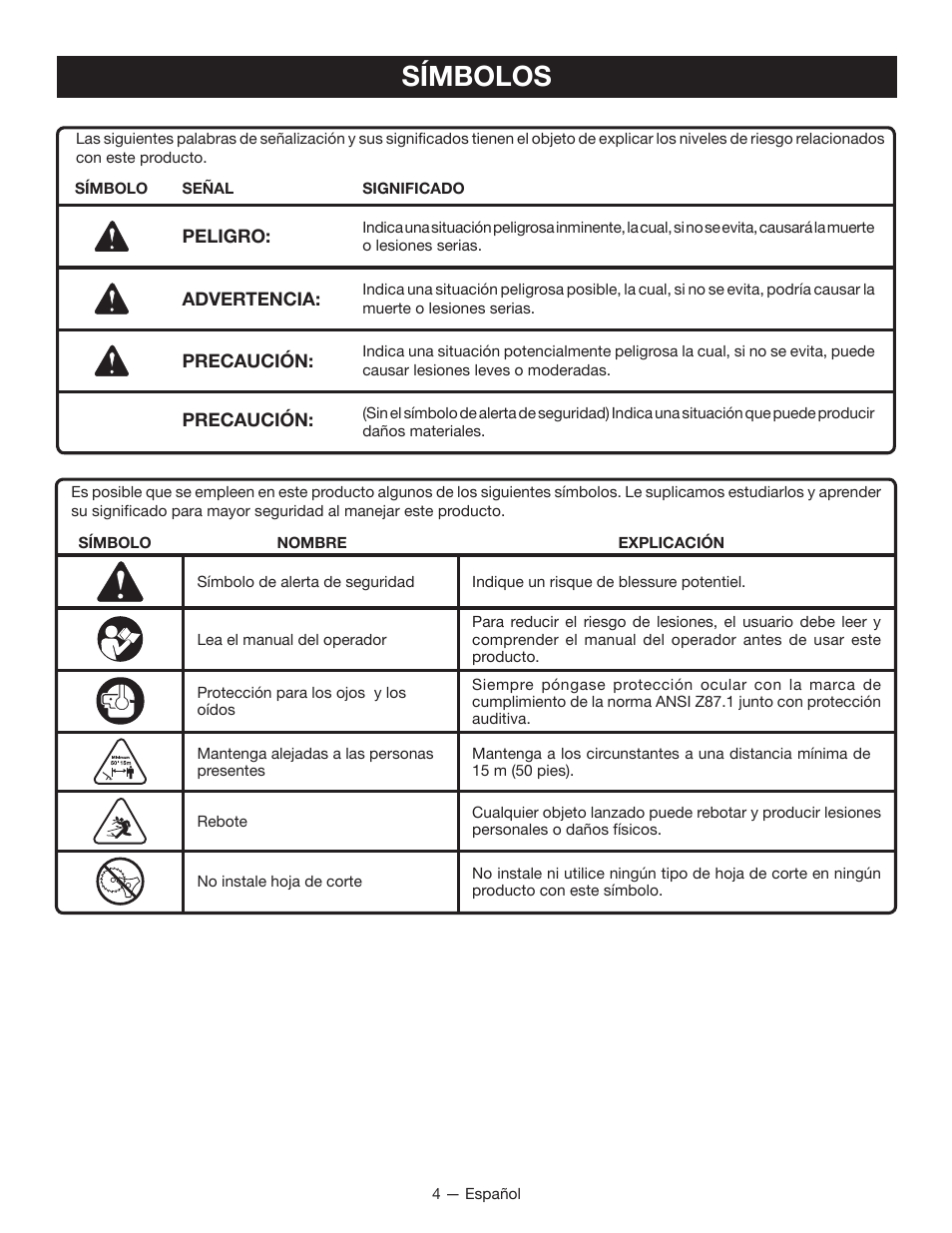 Símbolos | Ryobi EXPAND-IT RY15524 User Manual | Page 22 / 30