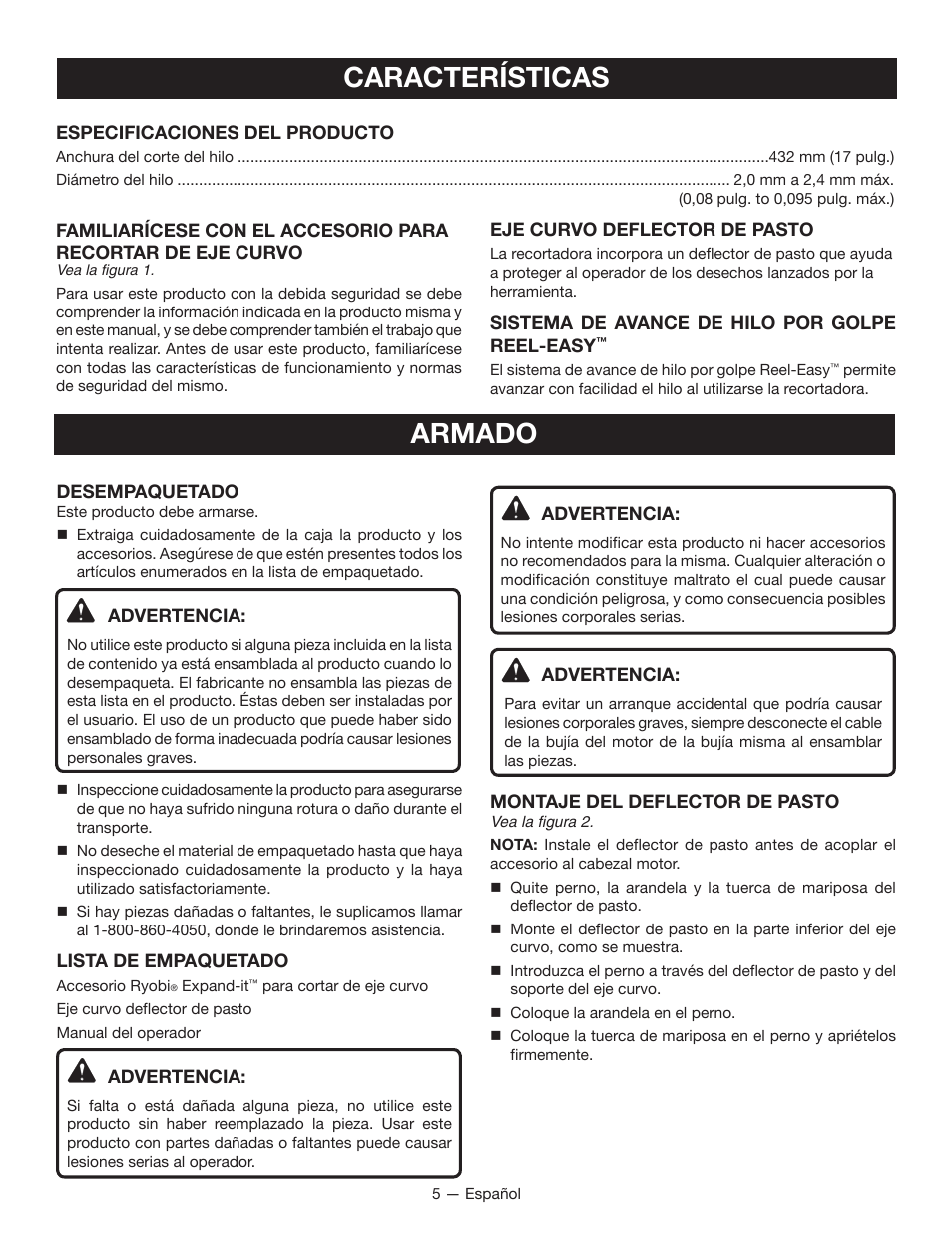 Características, Armado | Ryobi EXPAND-IT RY15524 User Manual | Page 23 / 30