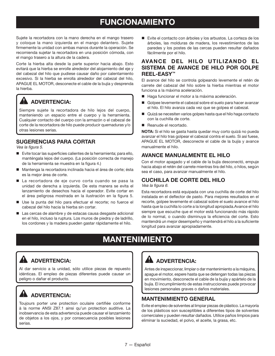 Funcionamiento, Mantenimiento | Ryobi EXPAND-IT RY15524 User Manual | Page 25 / 30