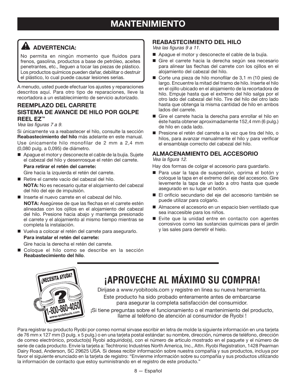 Aproveche al máximo su compra, Mantenimiento | Ryobi EXPAND-IT RY15524 User Manual | Page 26 / 30