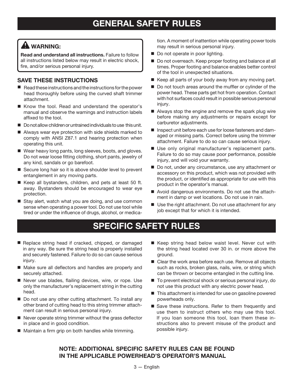 General safety rules, Specific safety rules | Ryobi EXPAND-IT RY15524 User Manual | Page 5 / 30