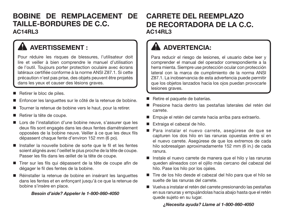 Bobine de remplacement de taille-bordures de c.c, Carrete del reemplazo de recortadora de la c.c, Avertissement | Advertencia, Ac14rl3 | Ryobi AC14RL3 User Manual | Page 2 / 2