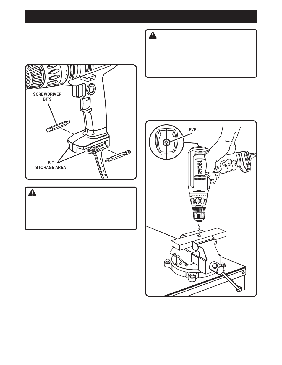 Operation, Warning, Bit storage | Drilling, Level drilling | Ryobi D45C User Manual | Page 10 / 14