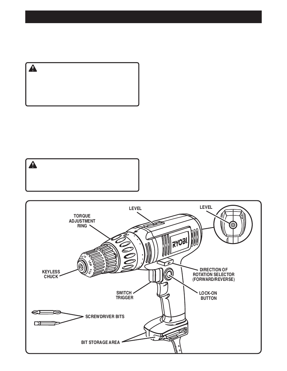 Features, Warning, Know your drill-driver | Electrical connection, Keyless chuck, Switch, Forward/reverse selector, Variable speed, Bit storage, Level | Ryobi D45C User Manual | Page 6 / 14