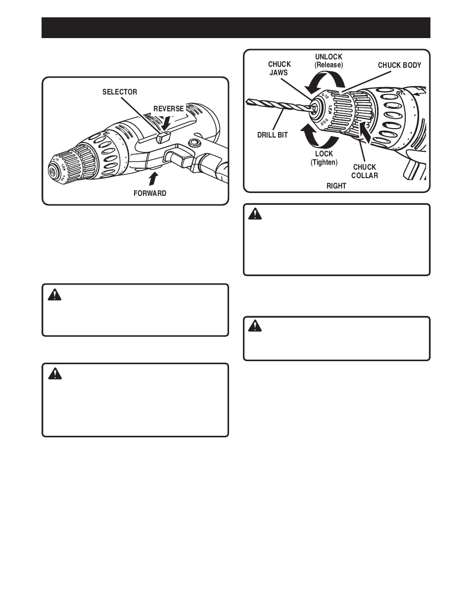 Operation, Caution, Warning | Reversible, Keyless chuck, Installing bits | Ryobi D45C User Manual | Page 8 / 14