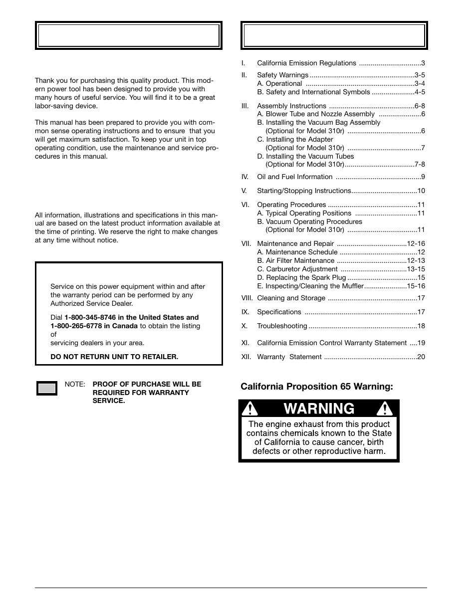 Table of contents introduction | Ryobi 310r User Manual | Page 2 / 20