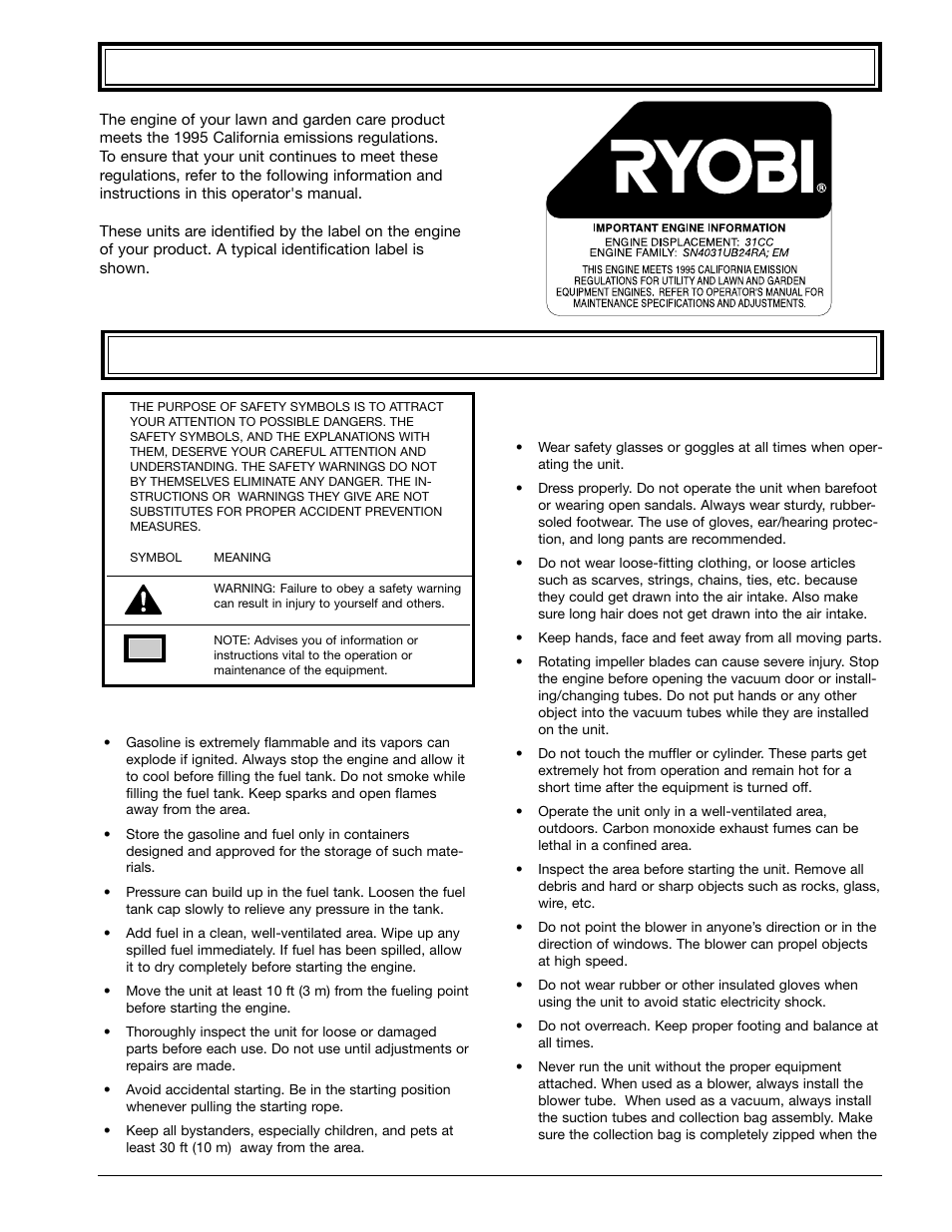 California emission regulations safety warnings, Fueling and pre-operation, During operation | Ryobi 310r User Manual | Page 3 / 20