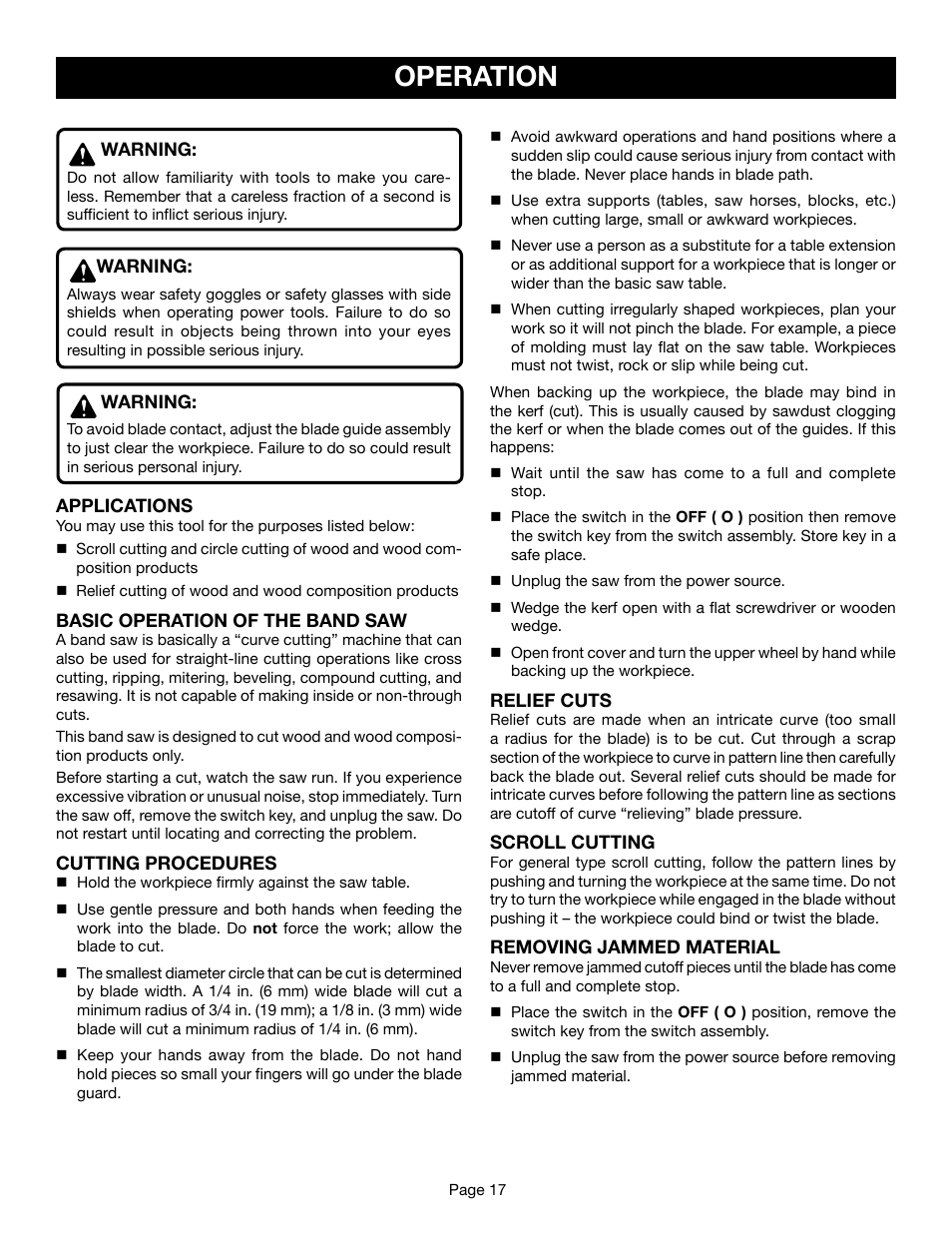 Operation | Ryobi BS1001SV User Manual | Page 17 / 28