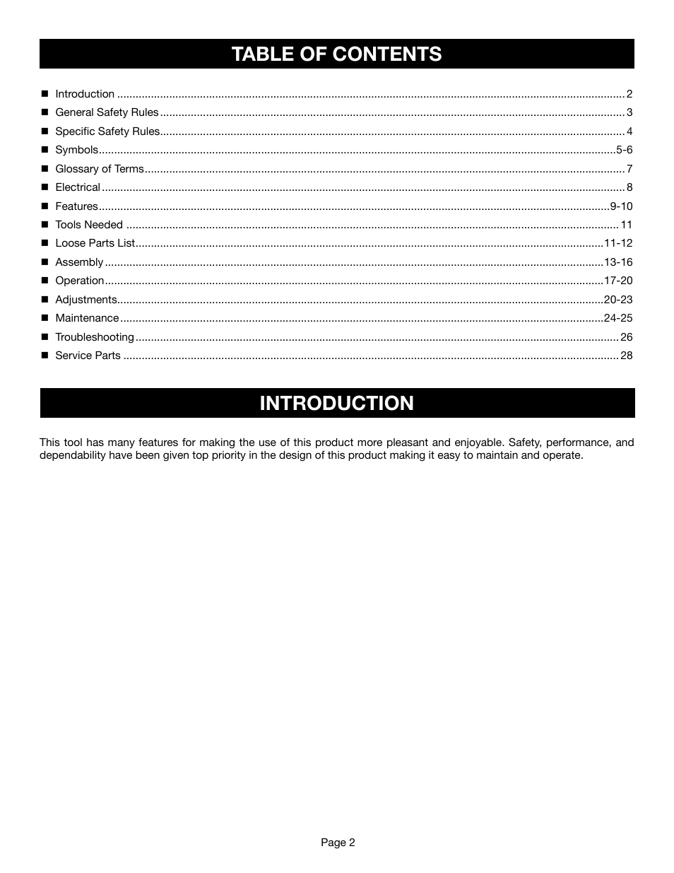 Table of contents introduction | Ryobi BS1001SV User Manual | Page 2 / 28