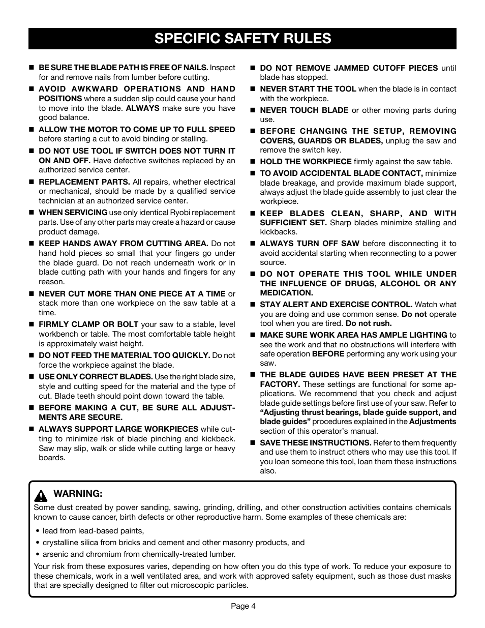 Specific safety rules | Ryobi BS1001SV User Manual | Page 4 / 28