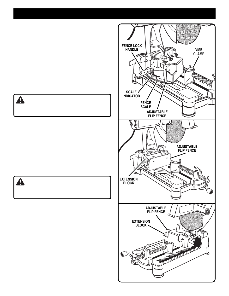 Adjustments, Warning, Adjustable flip fence | Cutting angle adjustment, Adjusting width of cut | Ryobi C2600 User Manual | Page 11 / 19