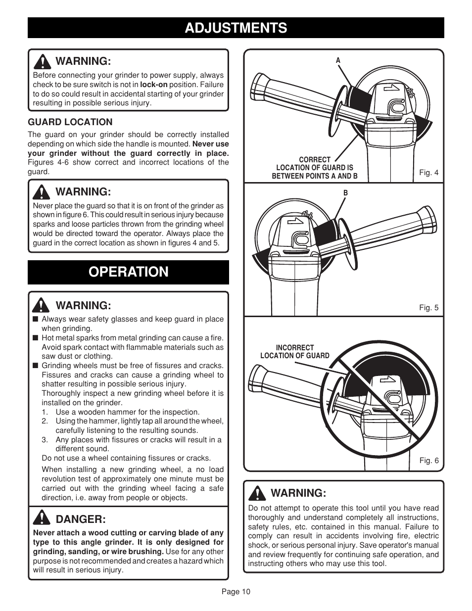 Adjustments, Operation, Warning | Danger | Ryobi AG451 User Manual | Page 10 / 14