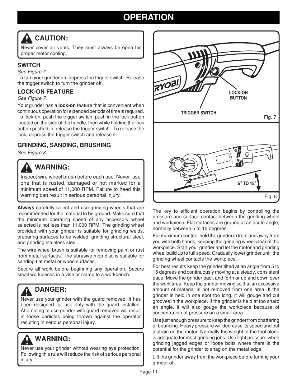Operation, Caution, Danger | Warning | Ryobi AG451 User Manual | Page 11 / 14