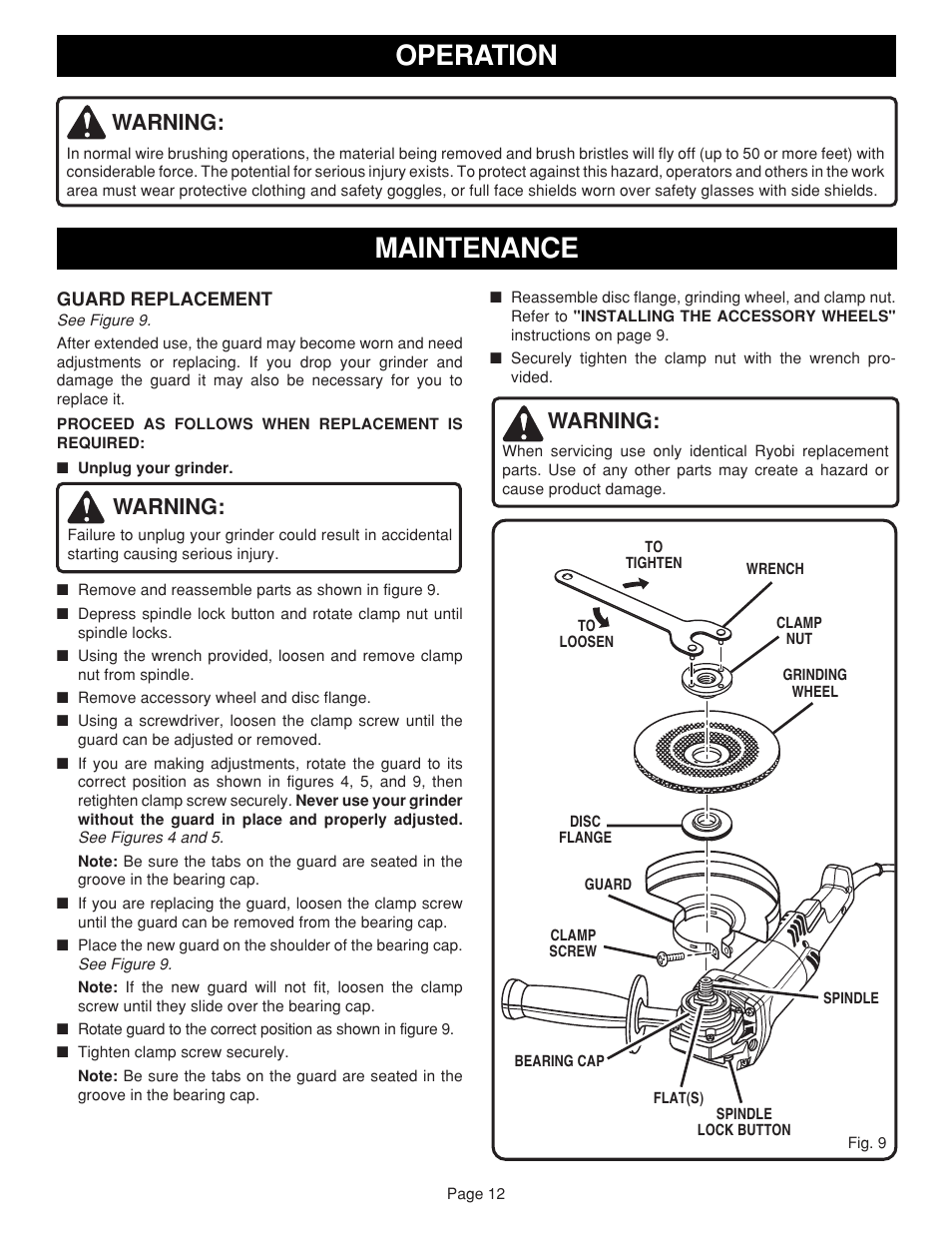 Operation maintenance, Warning | Ryobi AG451 User Manual | Page 12 / 14