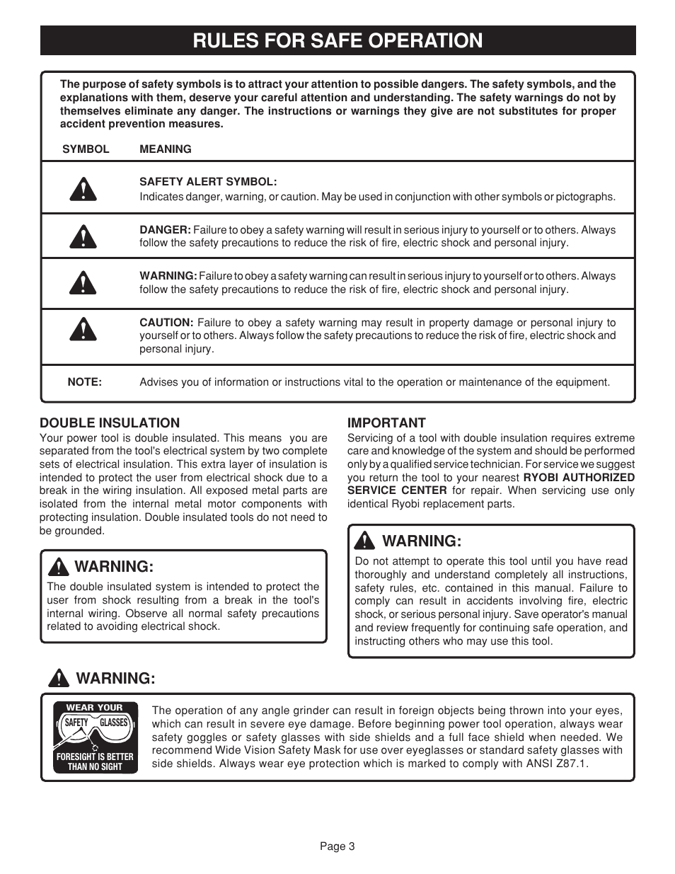 Rules for safe operation, Warning | Ryobi AG451 User Manual | Page 3 / 14