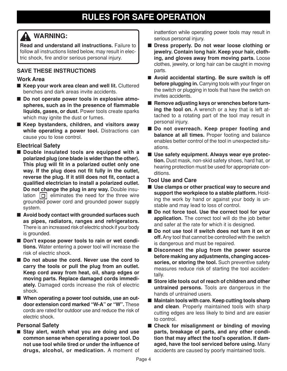 Rules for safe operation, Warning | Ryobi AG451 User Manual | Page 4 / 14