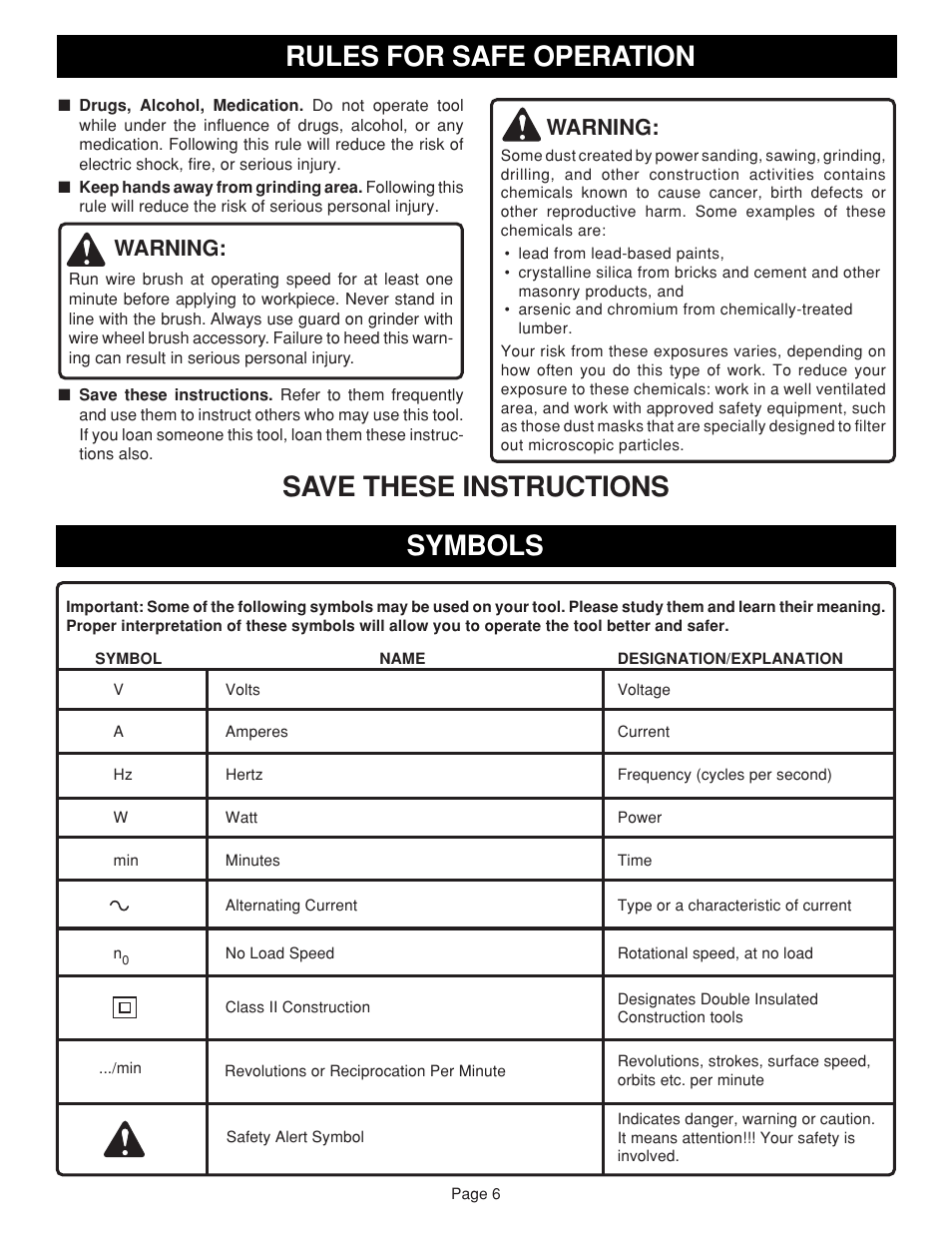 Rules for safe operation, Save these instructions symbols, Warning | Ryobi AG451 User Manual | Page 6 / 14