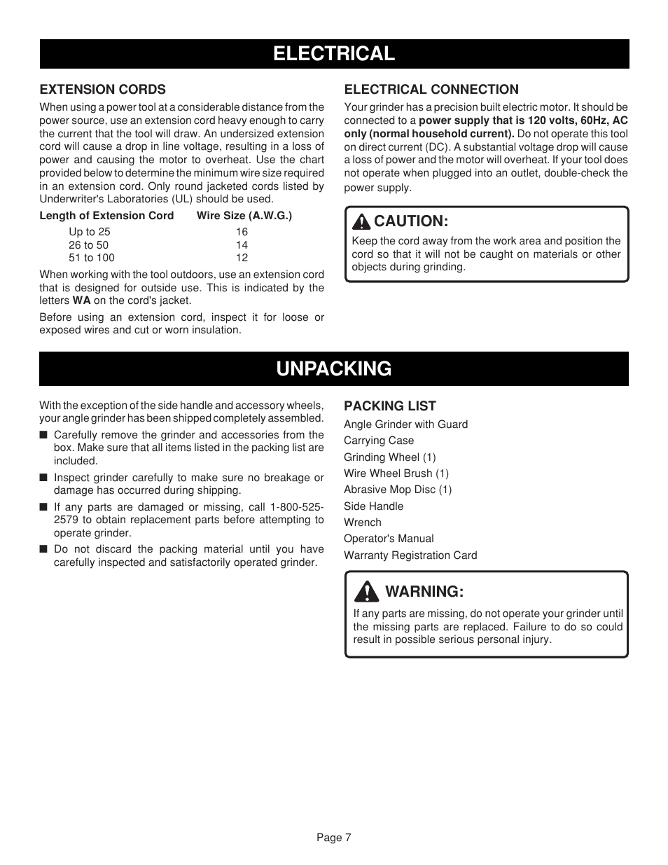 Unpacking electrical, Warning, Caution | Ryobi AG451 User Manual | Page 7 / 14