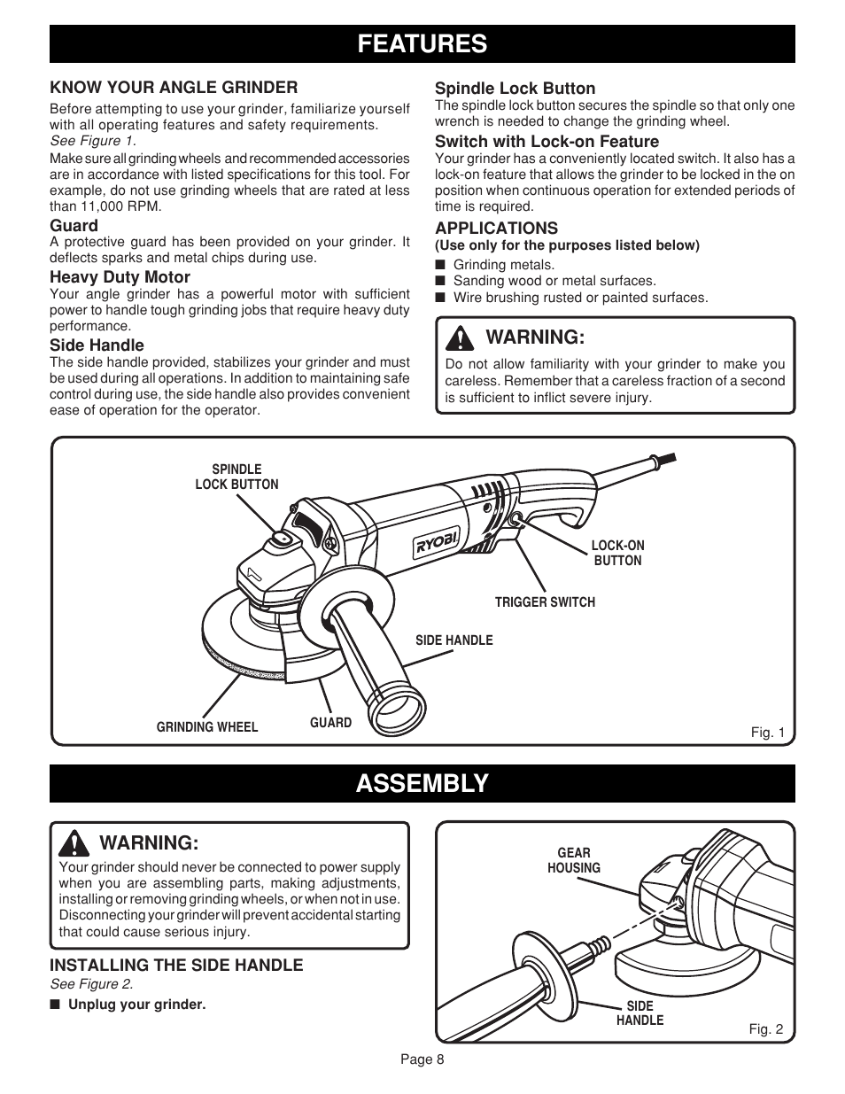 Features, Assembly, Warning | Ryobi AG451 User Manual | Page 8 / 14