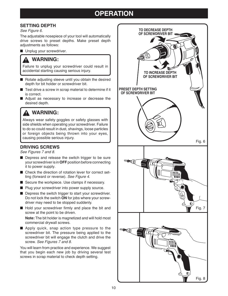 Operation, Warning | Ryobi DSG50 User Manual | Page 10 / 12
