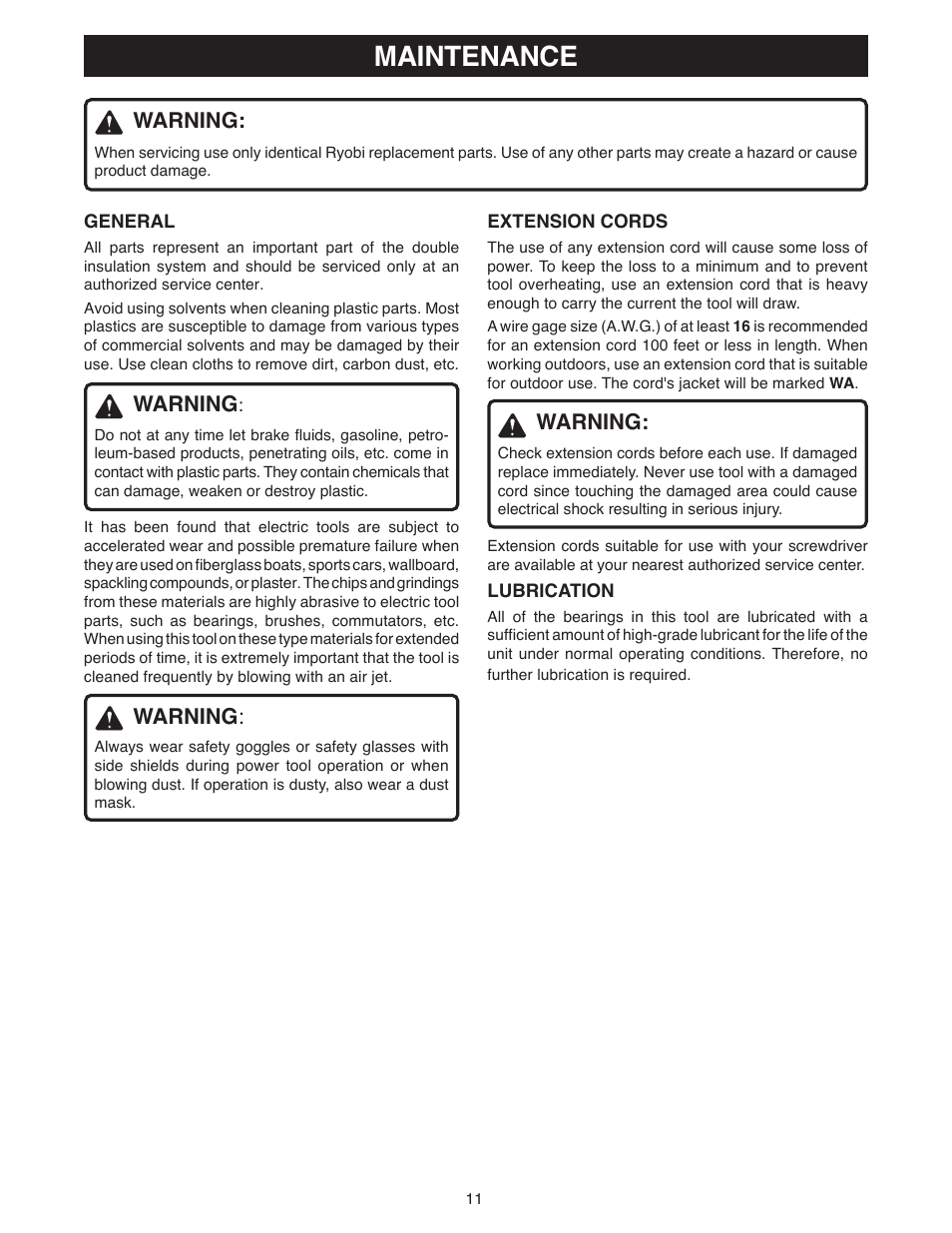 Maintenance, Warning | Ryobi DSG50 User Manual | Page 11 / 12