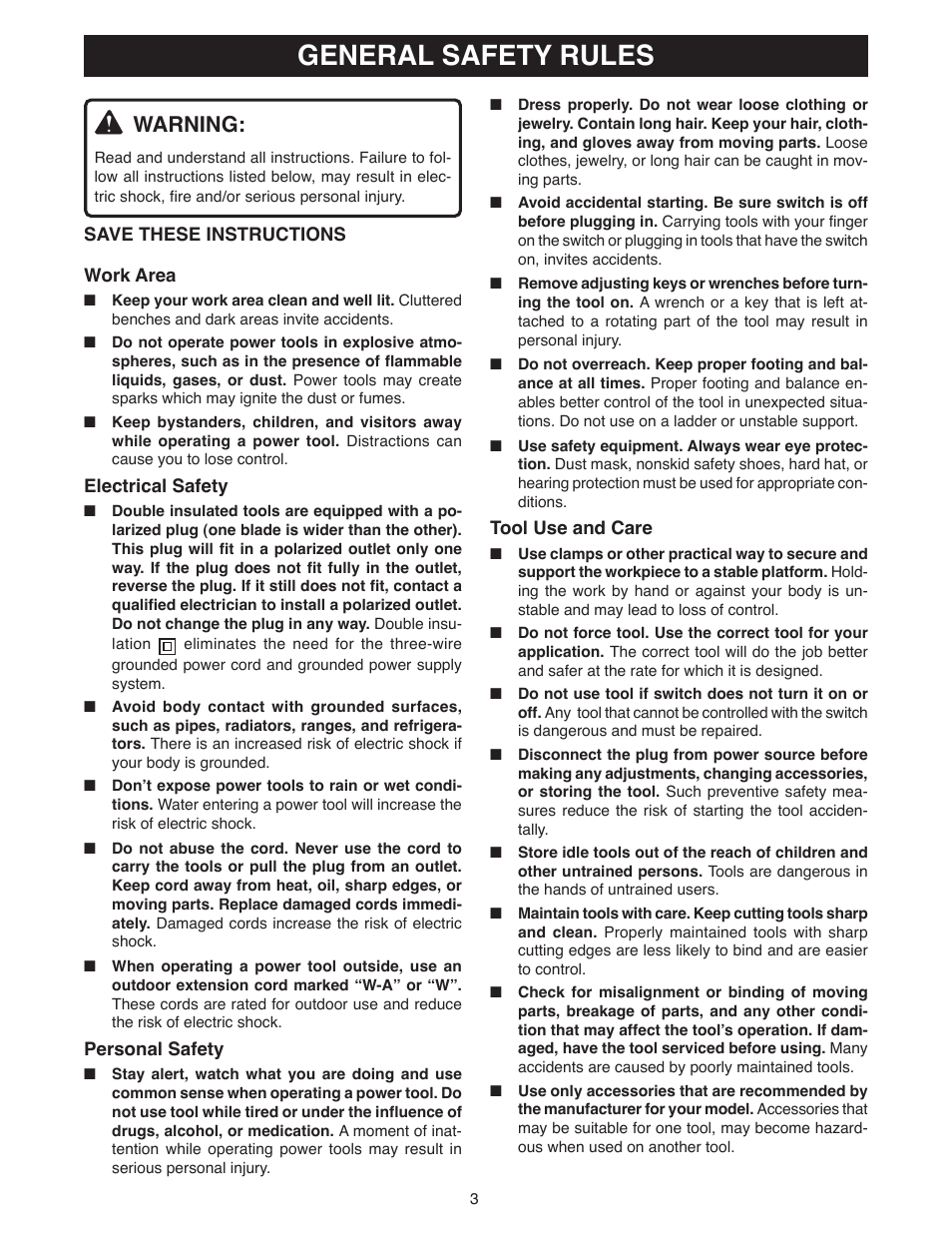 General safety rules, Warning | Ryobi DSG50 User Manual | Page 3 / 12