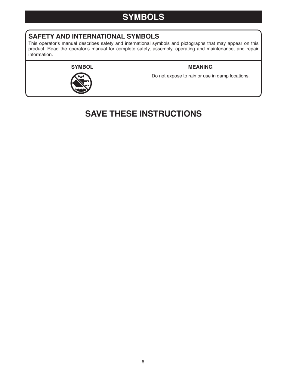 Symbols save these instructions | Ryobi DSG50 User Manual | Page 6 / 12