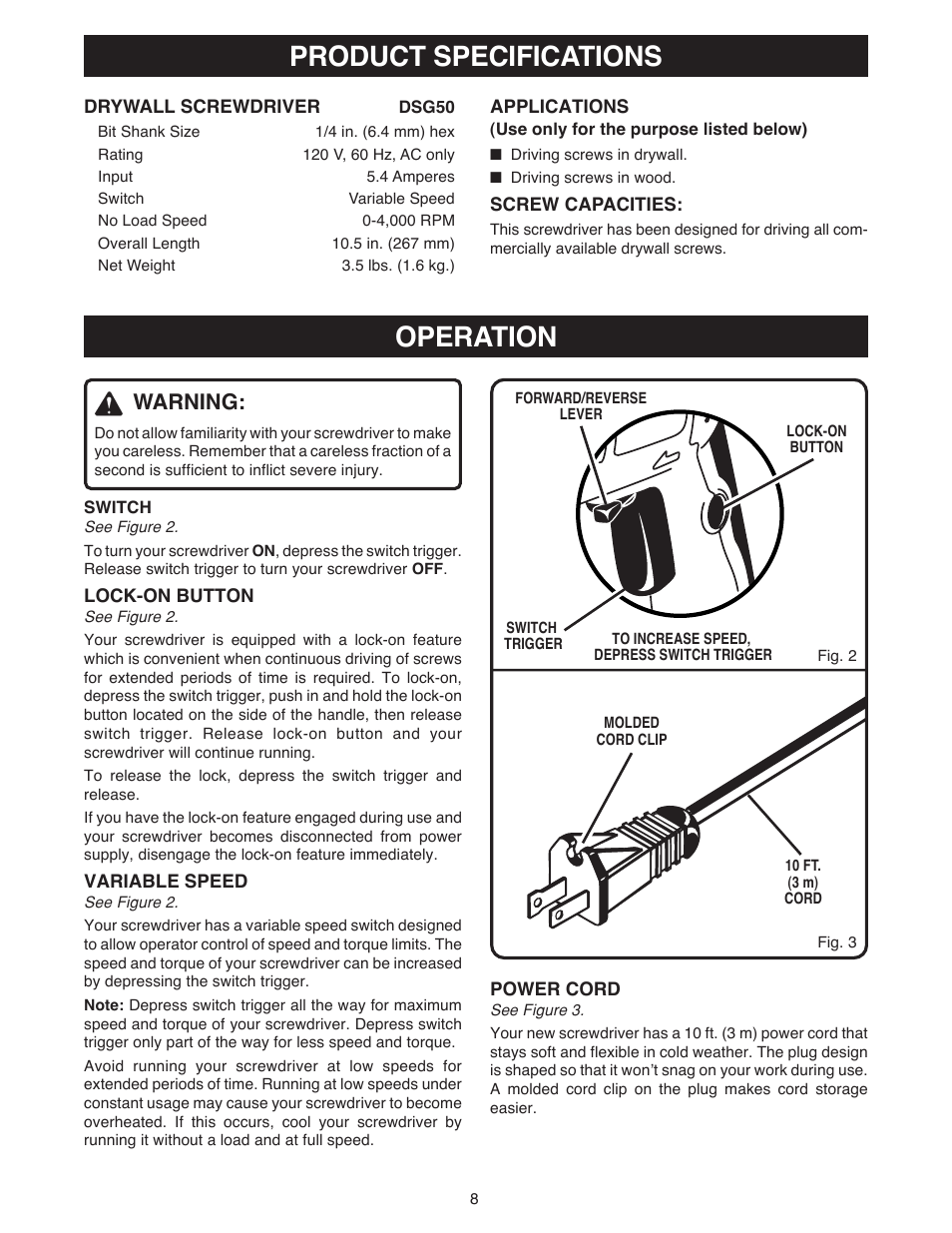 Product specifications, Operation, Warning | Ryobi DSG50 User Manual | Page 8 / 12