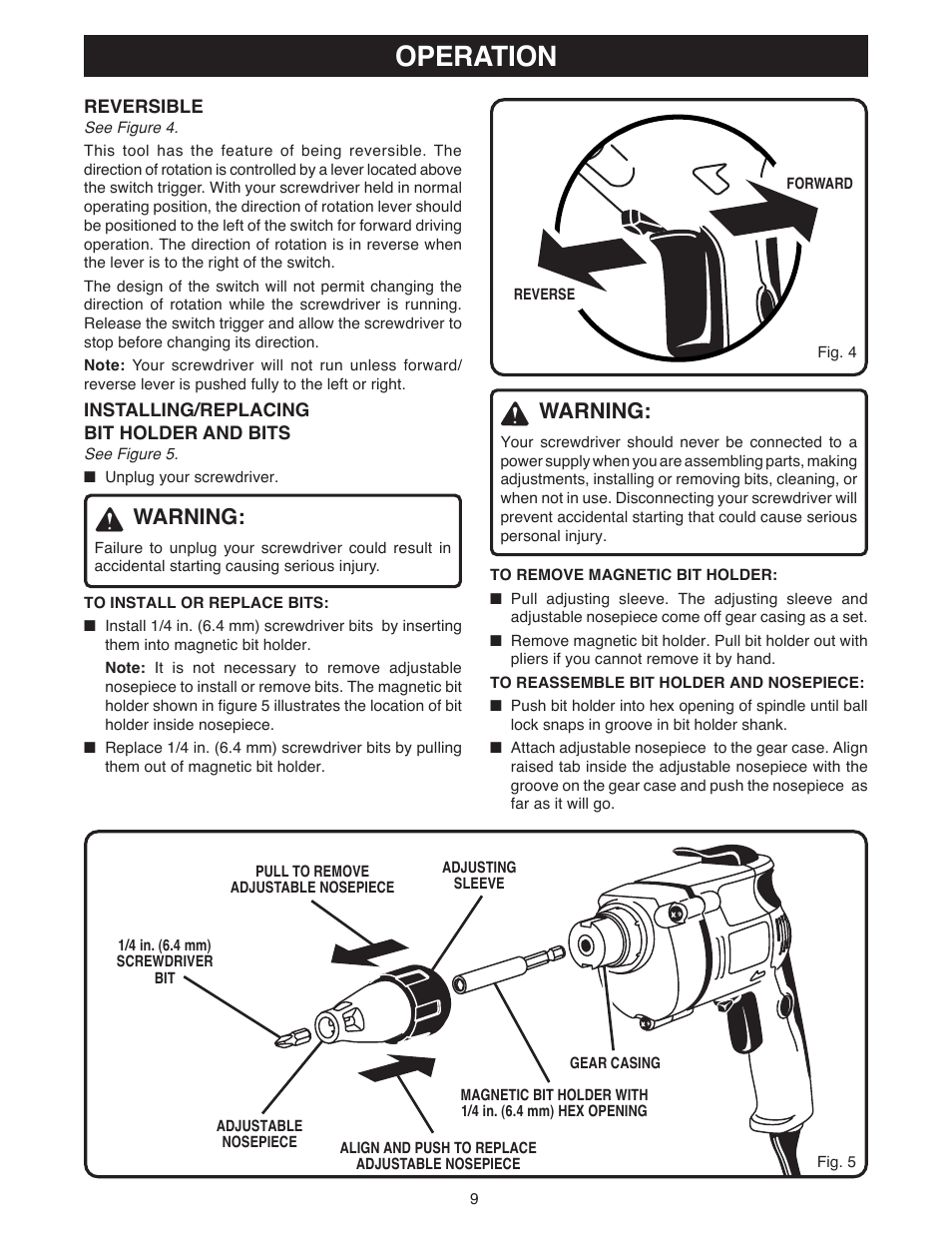 Operation, Warning | Ryobi DSG50 User Manual | Page 9 / 12