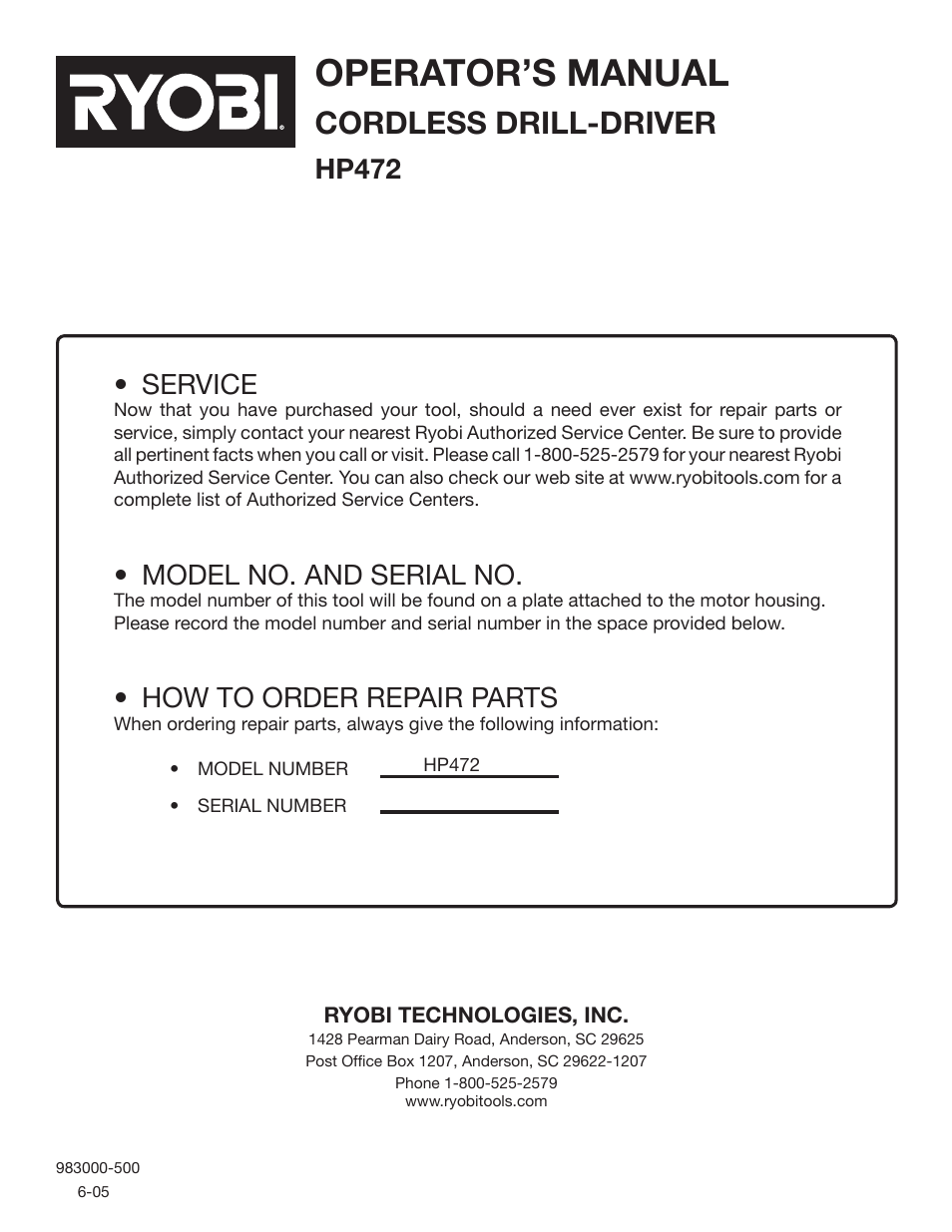 Operator’s manual, Cordless drill-driver, Service | Model no. and serial no, How to order repair parts, Hp472 | Ryobi HP472 User Manual | Page 20 / 20