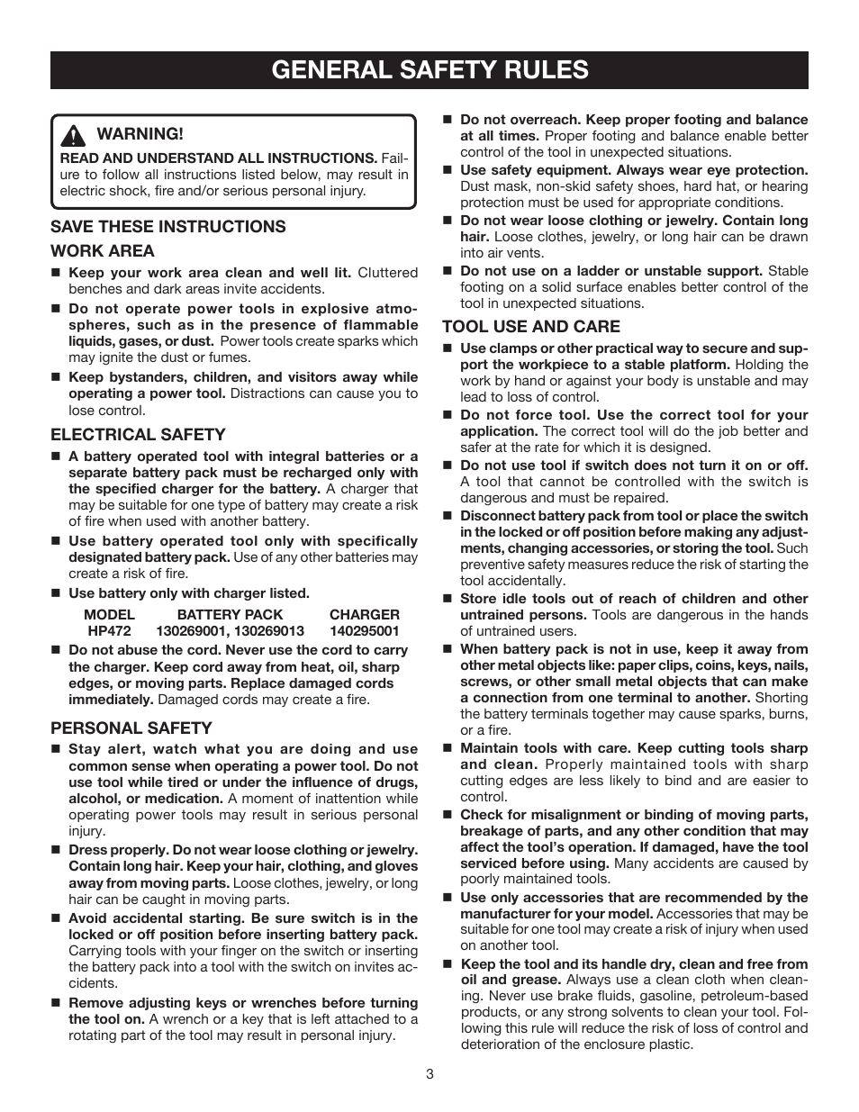 General safety rules | Ryobi HP472 User Manual | Page 3 / 20