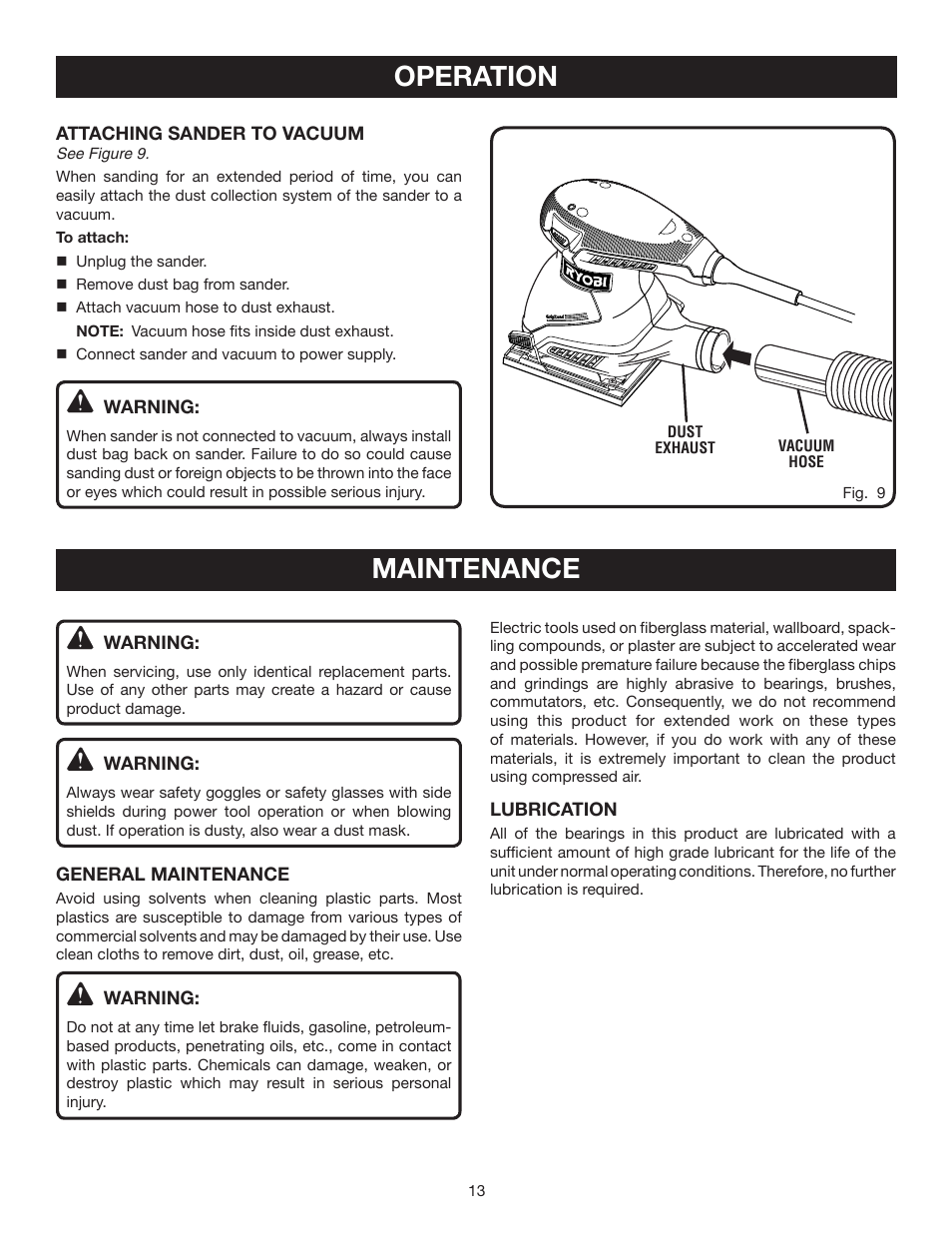 Operation, Maintenance | Ryobi S652D User Manual | Page 13 / 14