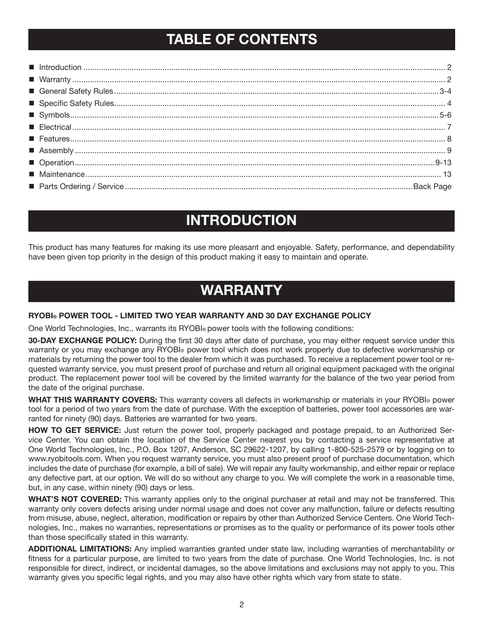 Table of contents introduction, Warranty | Ryobi S652D User Manual | Page 2 / 14