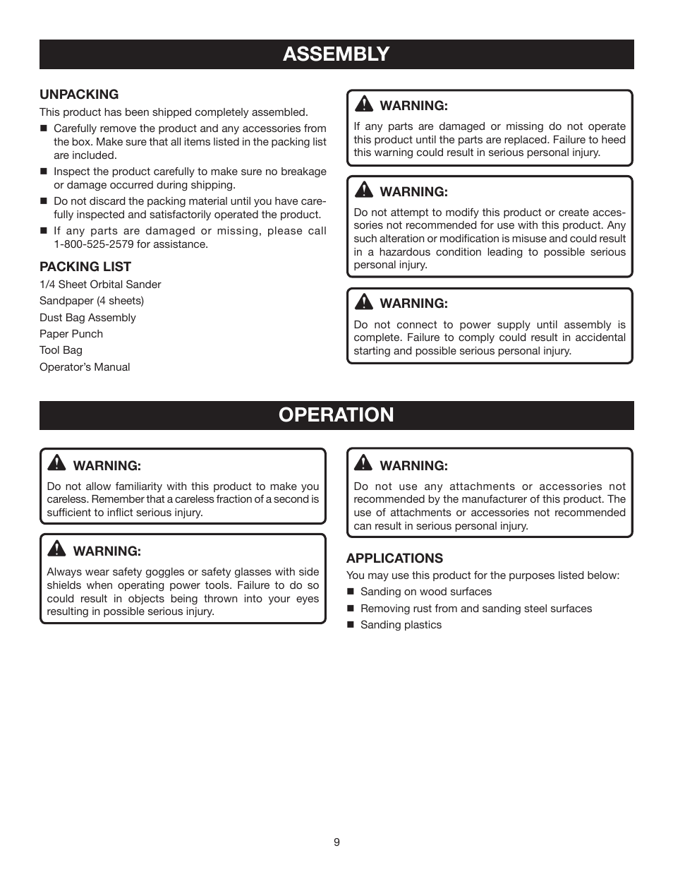 Assembly, Operation | Ryobi S652D User Manual | Page 9 / 14