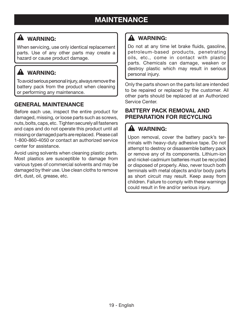 Maintenance | Ryobi P542 User Manual | Page 19 / 76