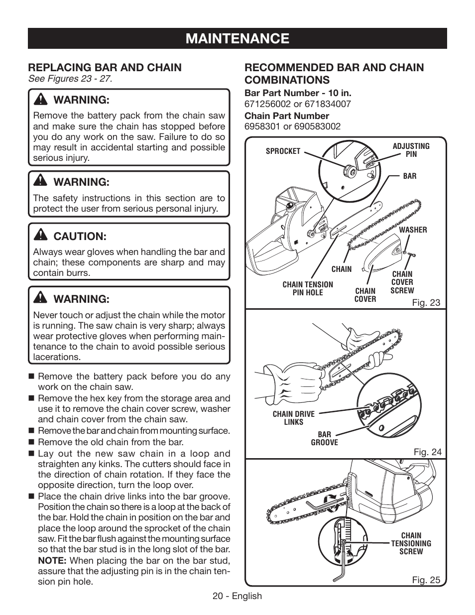 Maintenance | Ryobi P542 User Manual | Page 20 / 76