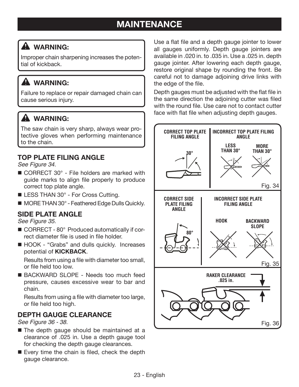 Maintenance, Warning, Top plate filing angle | Side plate angle, Depth gauge clearance | Ryobi P542 User Manual | Page 23 / 76