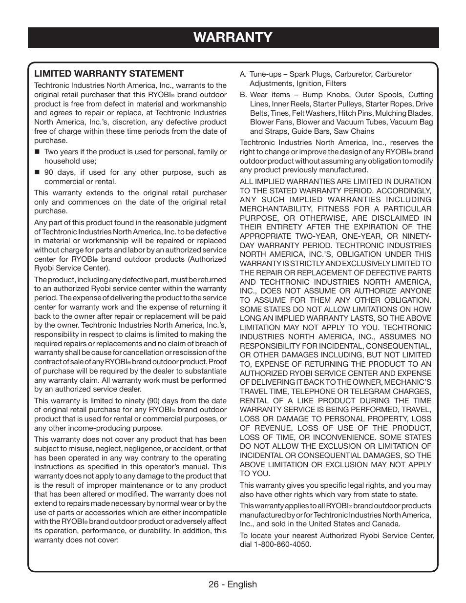 Warranty, 26 - english limited warranty statement | Ryobi P542 User Manual | Page 26 / 76